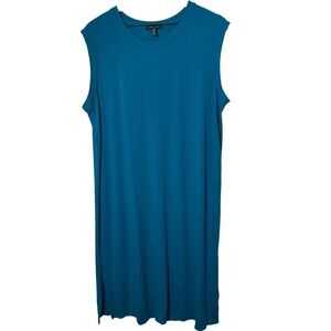 Eileen Fisher Teal Blue Sleeveless Knit Tank Dress Stretch Shirt Dress‎